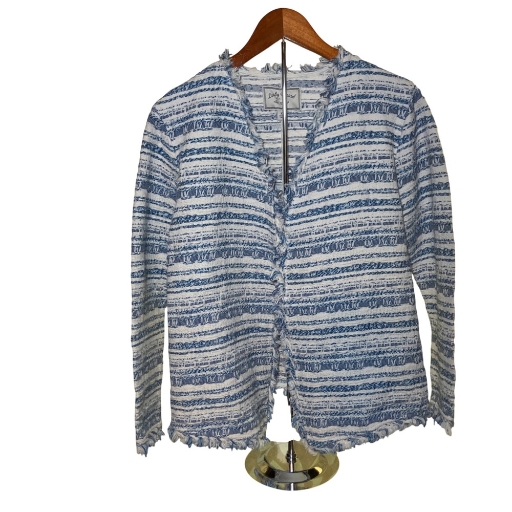 Lucky Brand Striped Open Front Jacket Womens XL Blue White Frayed Trim Nautical
